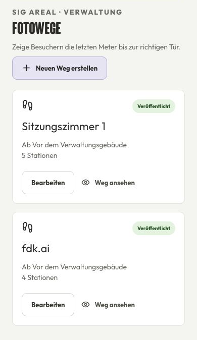 Echte Fotoweg-Verwaltung: neue Wege erstellen und veröffentlichte Wege zu Sitzungszimmer 1 und fdk.ai verwalten
