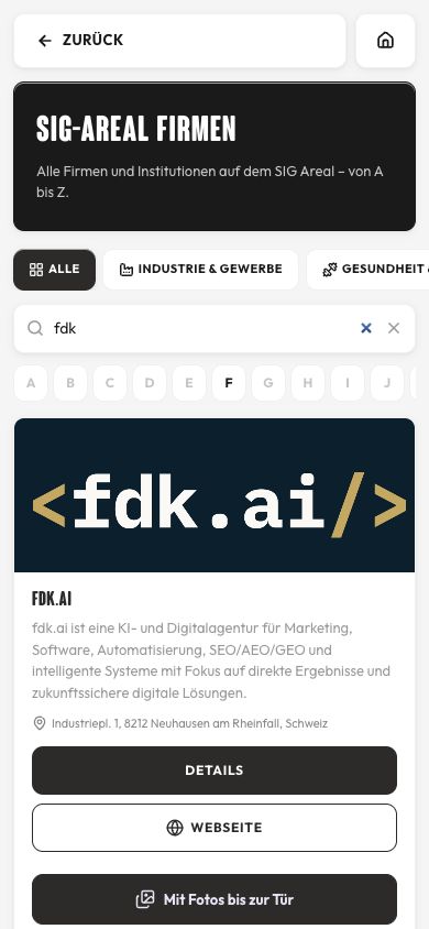 Aktueller SIG-App-Screenshot: Von der Firma bis zur Tür.